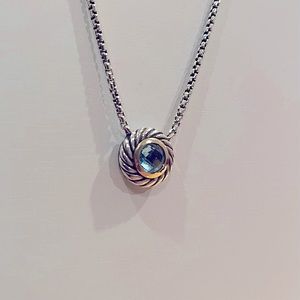 David Yurman Cable Silver 18K gold blue topaz necklace